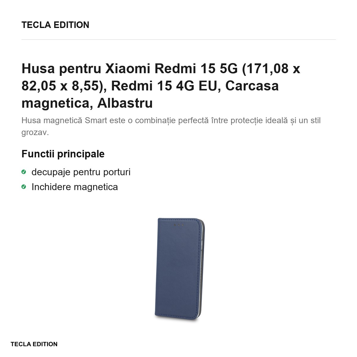 Husa Smart Magnetic pentru Xiaomi Redmi 15 5G, Redmi 15 4G EU, tip carte cu inchidere magnetica, Albastru [1]