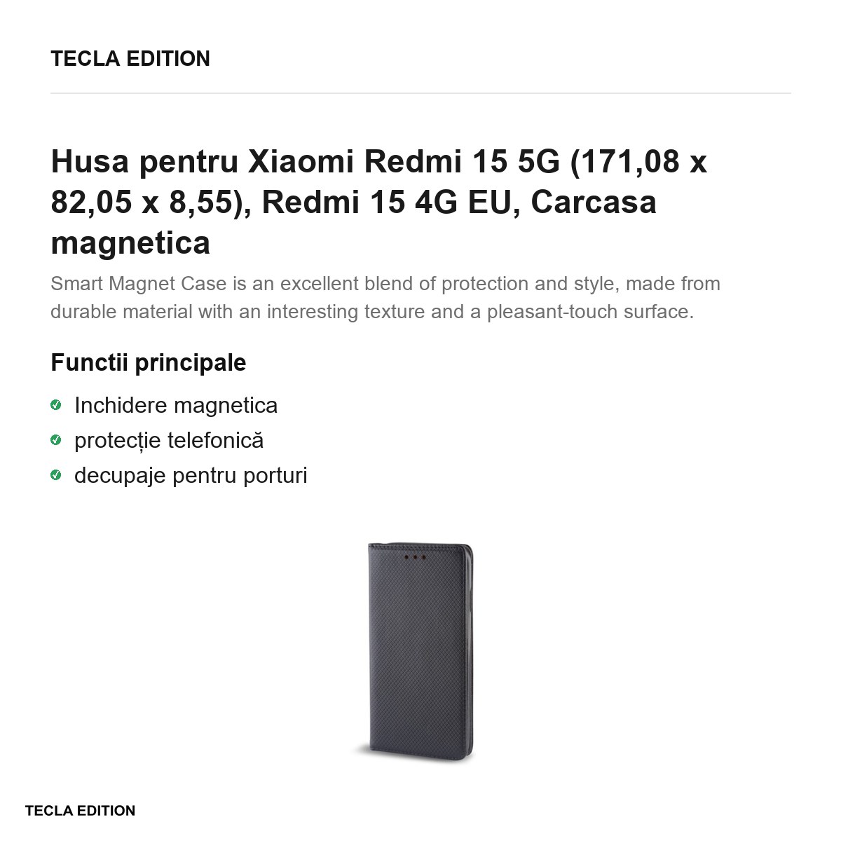 Husa Smart Magnet pentru Xiaomi Redmi 15 5G, Redmi 15 4G EU, tip carte cu inchidere magnetica, Negru [1]