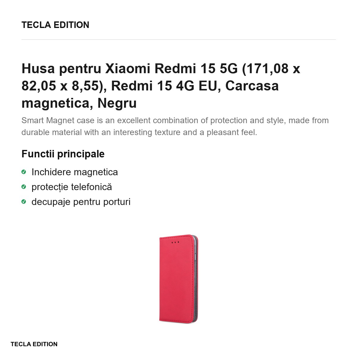 Husa Smart Magnet pentru Xiaomi Redmi 15 5G, Redmi 15 4G EU, tip carte cu inchidere magnetica, Rosu [1]