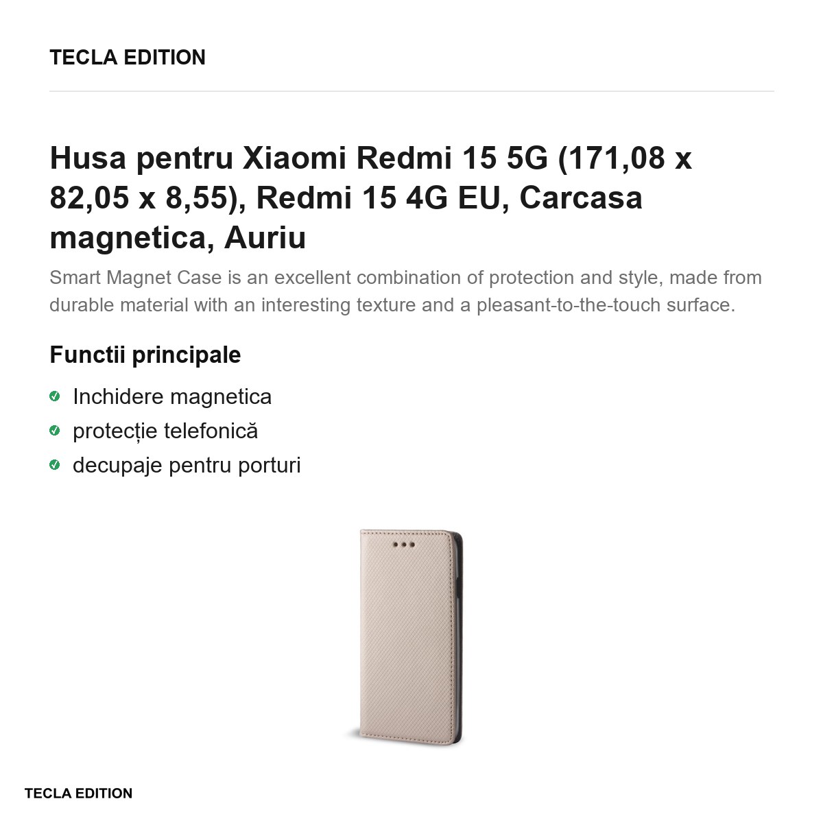 Husa Smart Magnet pentru Xiaomi Redmi 15 5G, Redmi 15 4G EU, tip carte cu inchidere magnetica, Auriu [1]