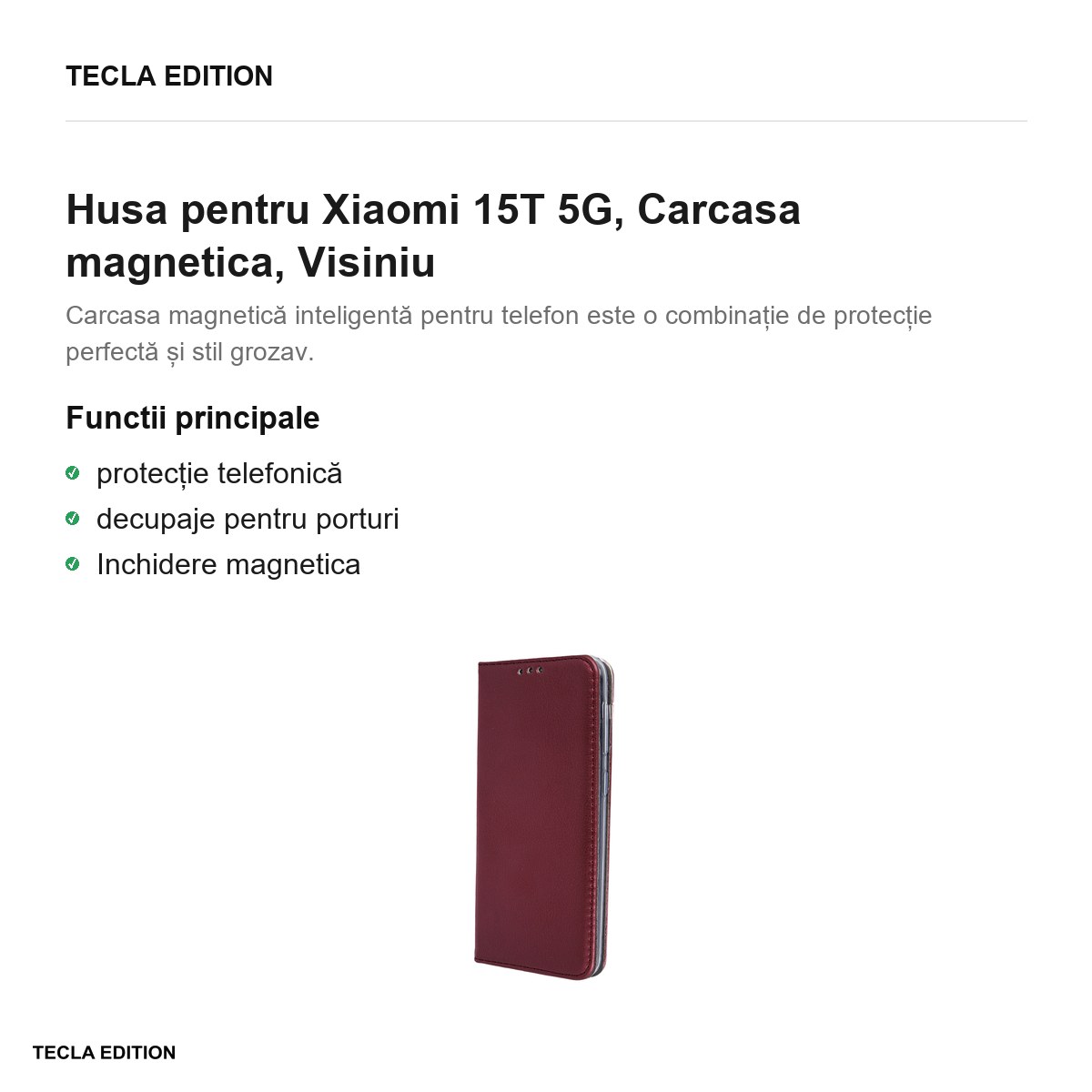 Husa Smart Magnetic pentru Xiaomi 15T 5G, tip carte cu inchidere magnetica, Visiniu [1]