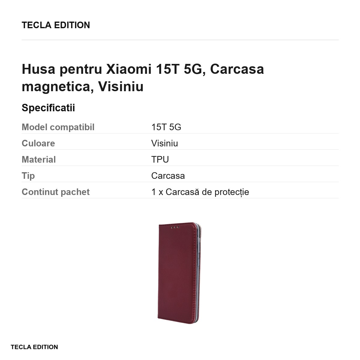 Husa Smart Magnetic pentru Xiaomi 15T 5G, tip carte cu inchidere magnetica, Visiniu [2]