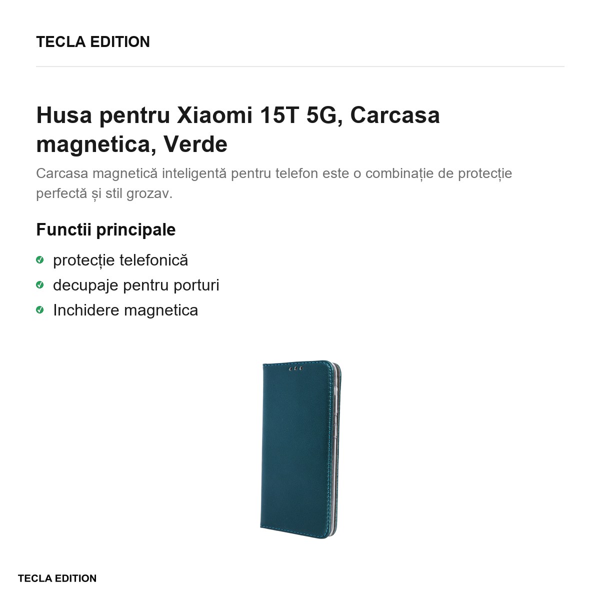 Husa Smart Magnetic pentru Xiaomi 15T 5G, tip carte cu inchidere magnetica, Verde [1]