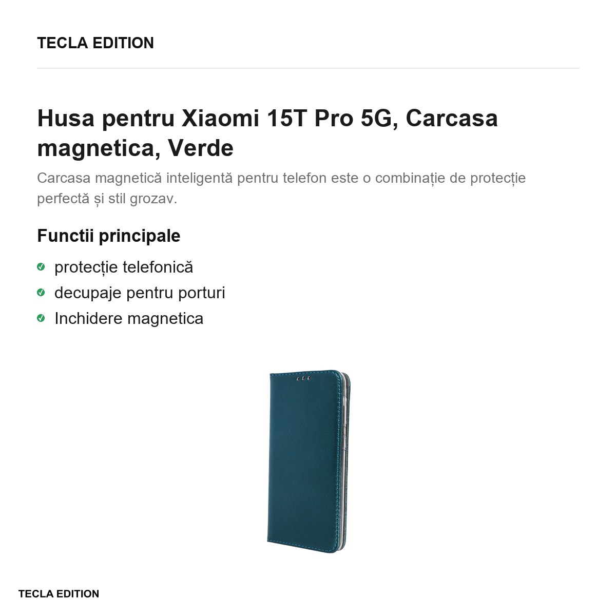 Husa Smart Magnetic pentru Xiaomi 15T Pro 5G, tip carte cu inchidere magnetica, Verde [1]