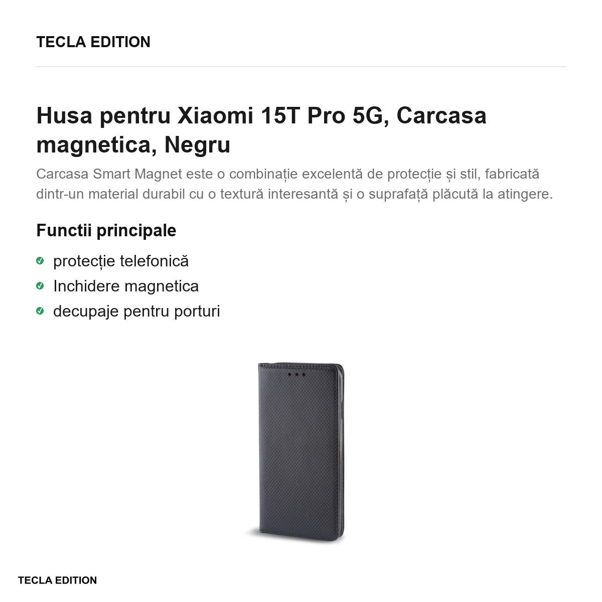 Husa Smart Magnet pentru Xiaomi 15T Pro 5G, tip carte cu inchidere magnetica, Negru [1]