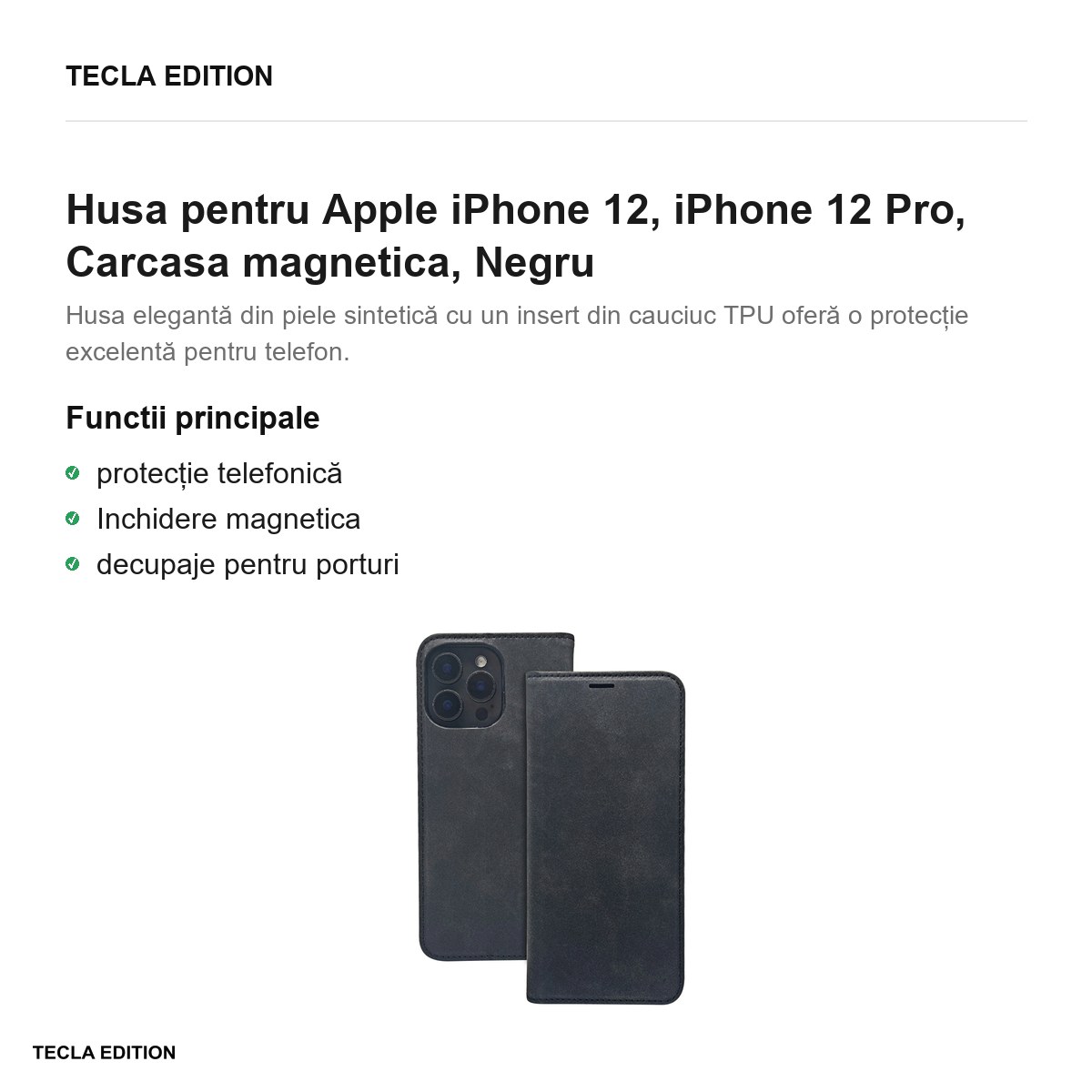 Husa Smart Suede pentru Apple iPhone 12, iPhone 12 Pro, tip carte cu inchidere magnetica, Negru [1]