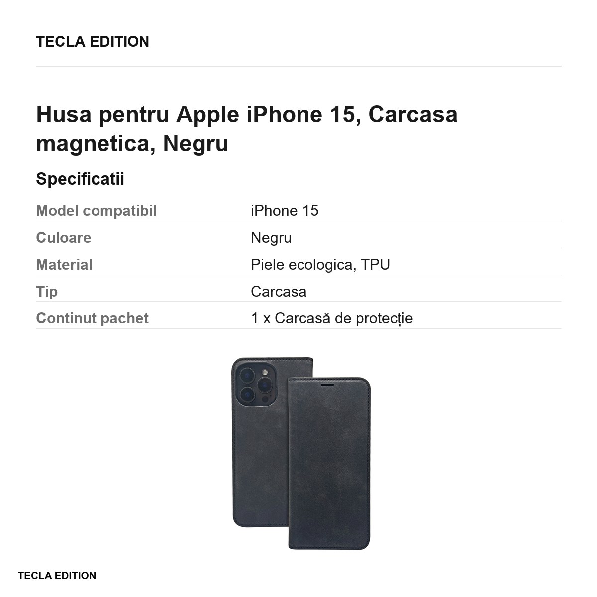 Husa Smart Suede pentru Apple iPhone 15, tip carte cu inchidere magnetica, Negru [2]
