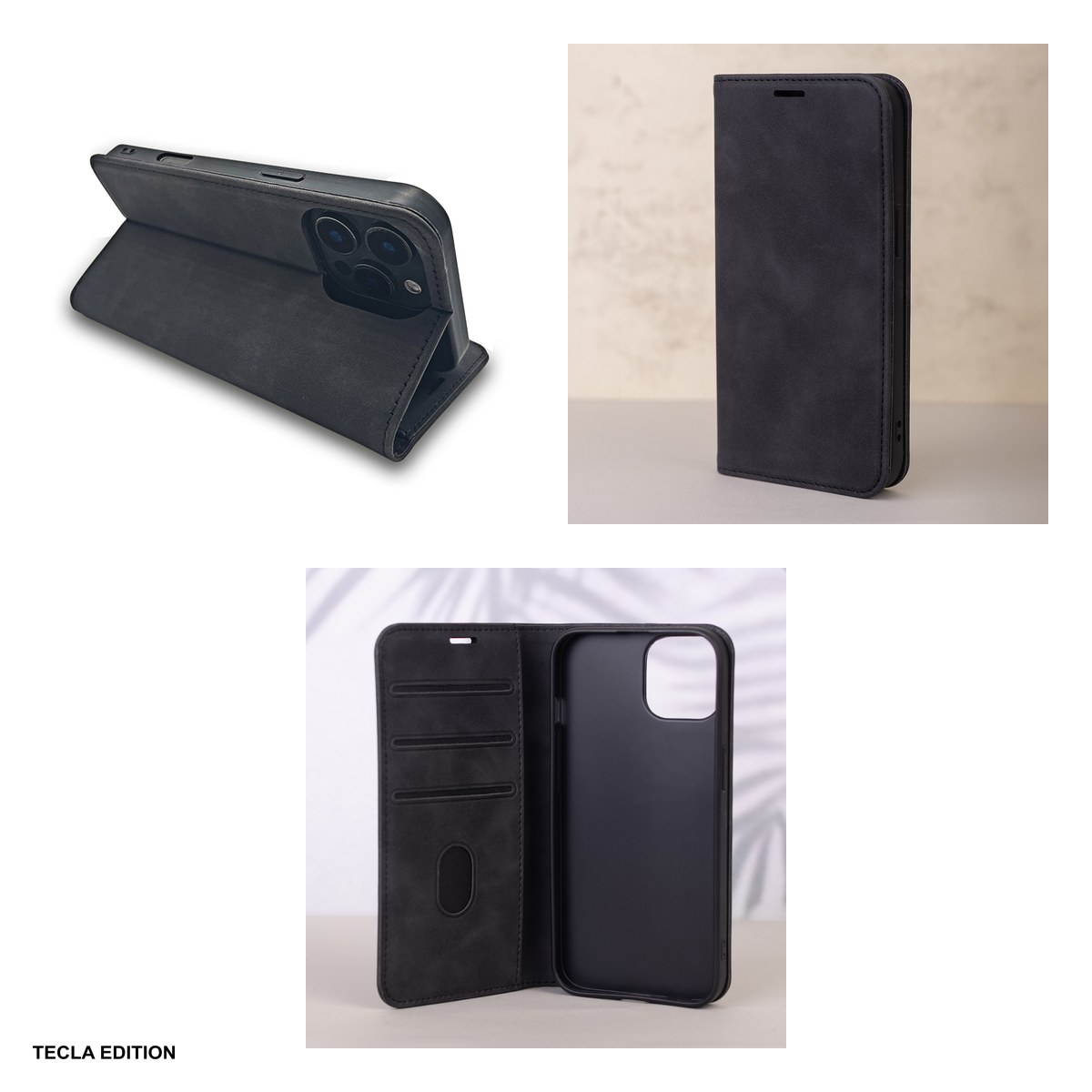 Husa Smart Suede pentru Apple iPhone 15, tip carte cu inchidere magnetica, Negru [4]
