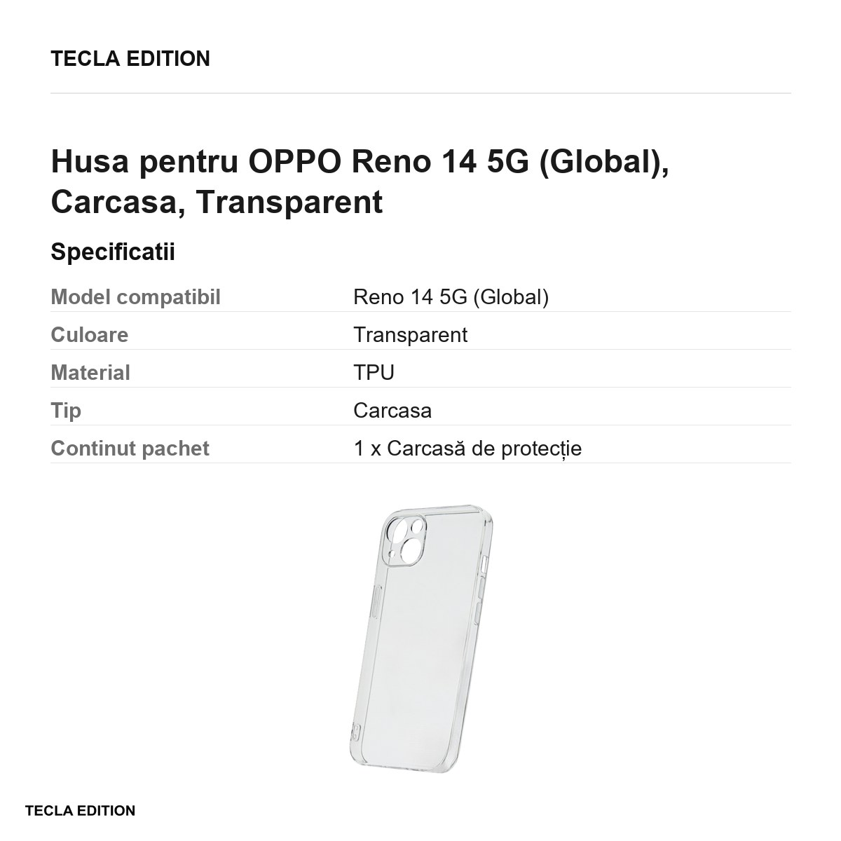 Husa Slim 2 mm pentru OPPO Reno 14 5G (Global), Carcasa, Transparent [2]