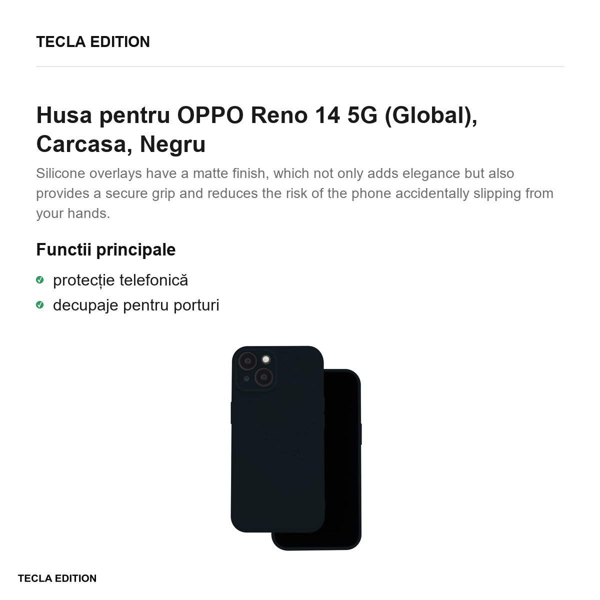 Husa Silicon pentru OPPO Reno 14 5G (Global), Carcasa, Negru [1]