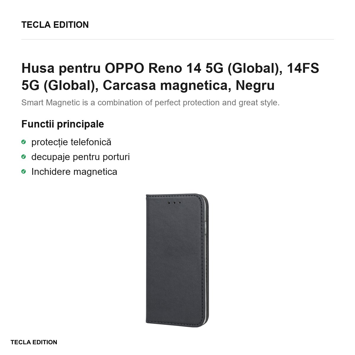Husa Smart Magnetic pentru OPPO Reno 14 5G (Global), 14FS 5G (Global), tip carte cu inchidere magnetica, Negru [1]