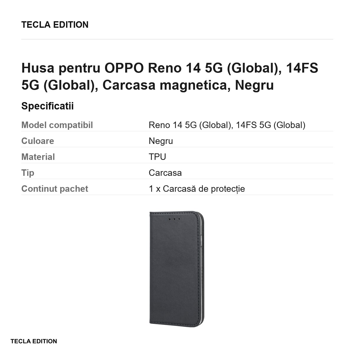 Husa Smart Magnetic pentru OPPO Reno 14 5G (Global), 14FS 5G (Global), tip carte cu inchidere magnetica, Negru [2]