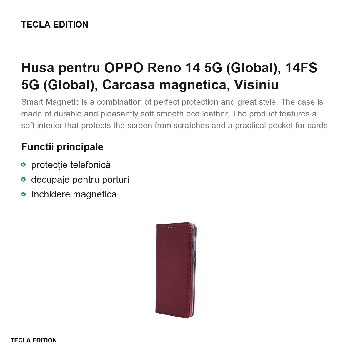Husa Smart Magnetic pentru OPPO Reno 14 5G (Global), 14FS 5G (Global), tip carte cu inchidere magnetica, Visiniu [1]