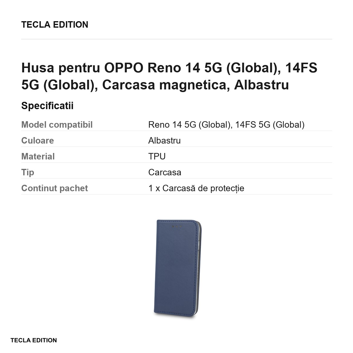 Husa Smart Magnetic pentru OPPO Reno 14 5G (Global), 14FS 5G (Global), tip carte cu inchidere magnetica, Albastru [2]