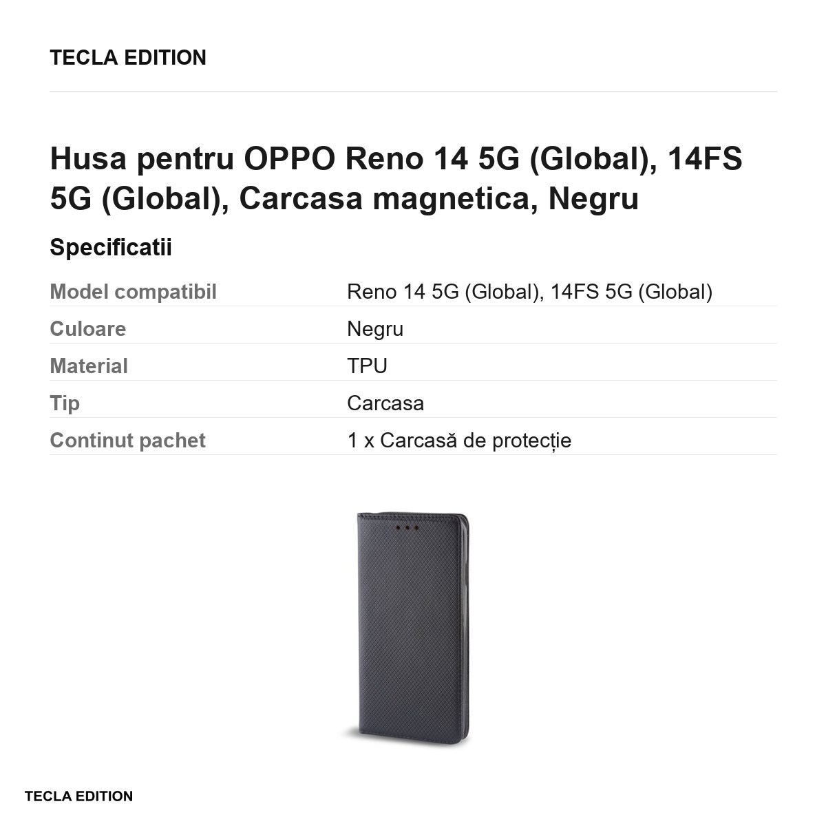 Husa Smart Magnet pentru OPPO Reno 14 5G (Global), 14FS 5G (Global), tip carte cu inchidere magnetica, Negru [2]