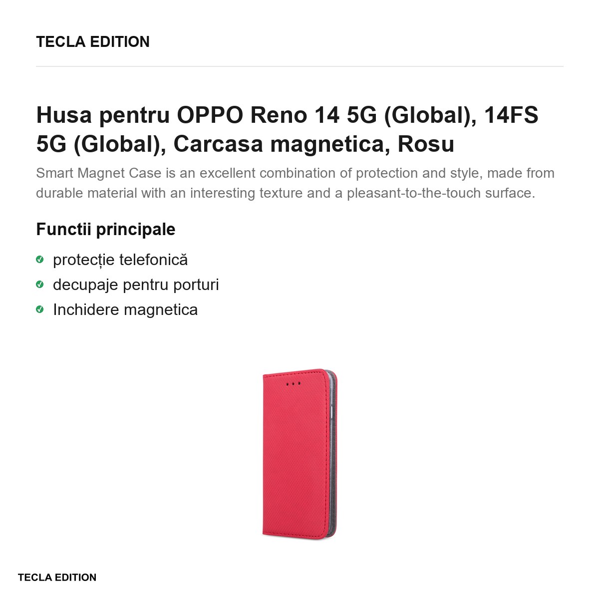 Husa Smart Magnet pentru OPPO Reno 14 5G (Global), 14FS 5G (Global), tip carte cu inchidere magnetica, Rosu [1]