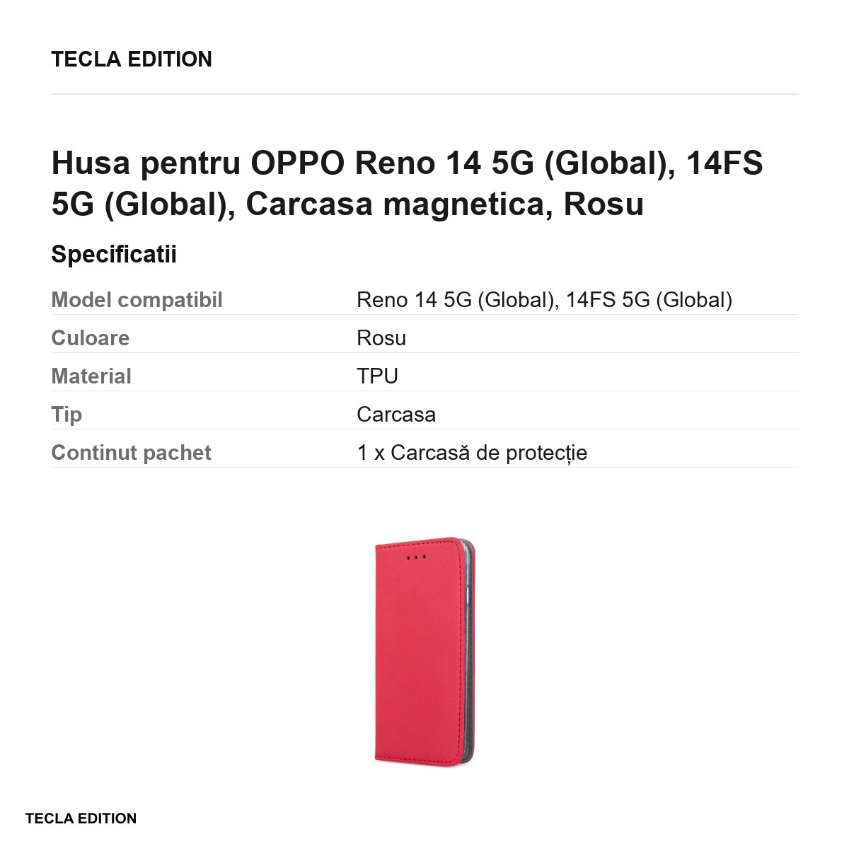 Husa Smart Magnet pentru OPPO Reno 14 5G (Global), 14FS 5G (Global), tip carte cu inchidere magnetica, Rosu [2]