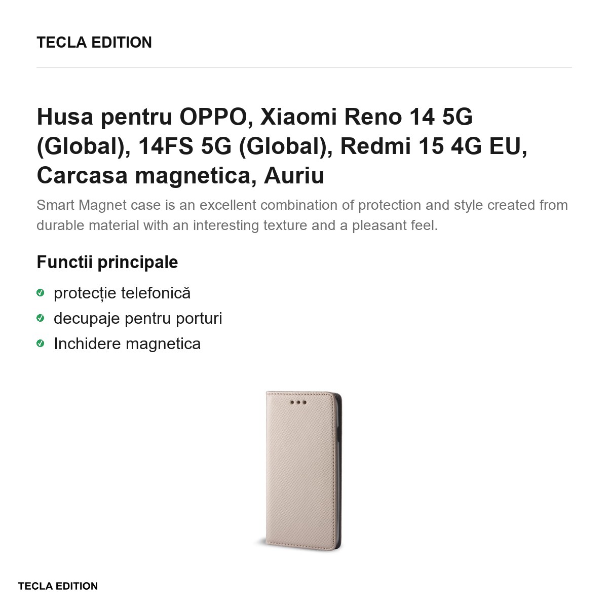 Husa Smart Magnet pentru OPPO, Xiaomi Reno 14 5G (Global), 14FS 5G (Global), Redmi 15 4G EU, tip carte cu inchidere magnetica, Auriu [1]