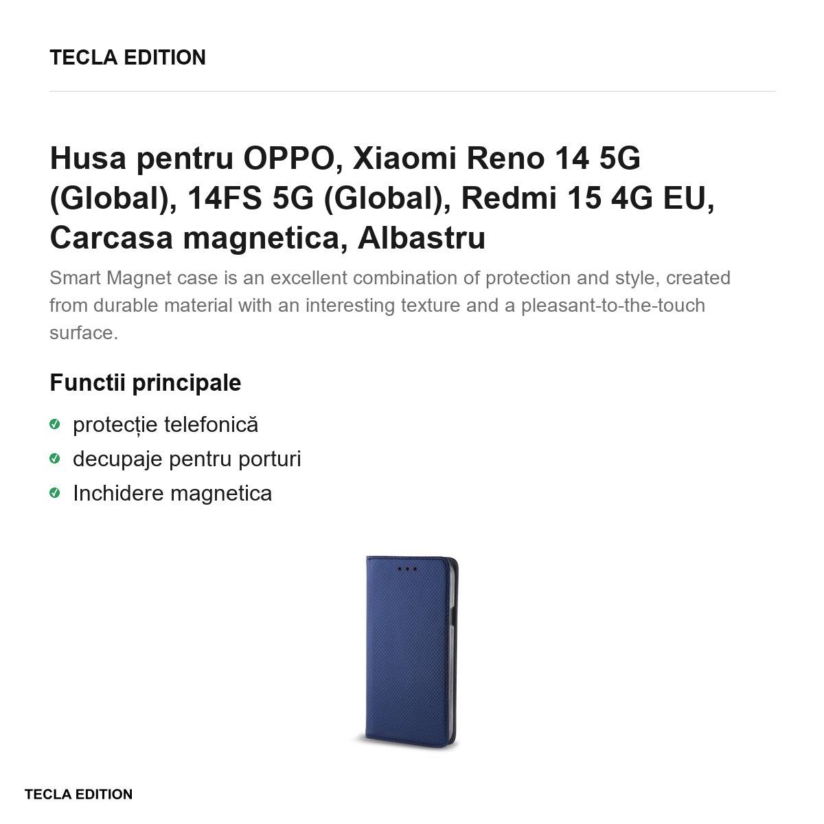 Husa Smart Magnet pentru OPPO, Xiaomi Reno 14 5G (Global), 14FS 5G (Global), Redmi 15 4G EU, tip carte cu inchidere magnetica, Albastru [1]