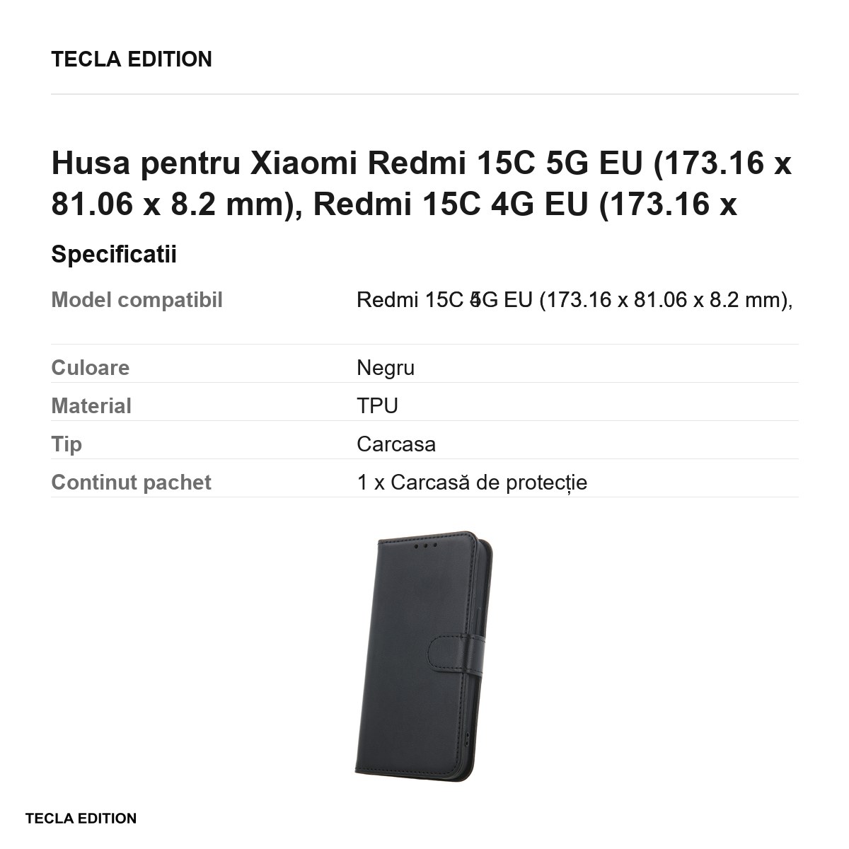 Husa Smart Classic pentru Xiaomi Redmi 15C 5G EU, Redmi 15C 4G EU, tip carte cu inchidere magnetica, Negru [2]
