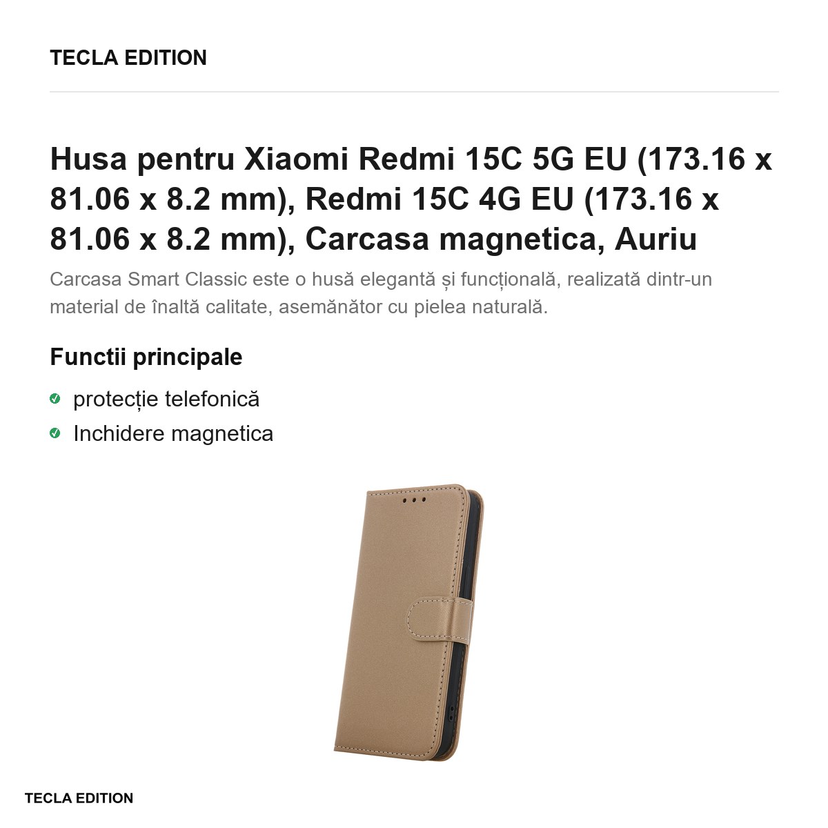 Husa Smart Classic pentru Xiaomi Redmi 15C 5G EU, Redmi 15C 4G EU, tip carte cu inchidere magnetica, Auriu [1]