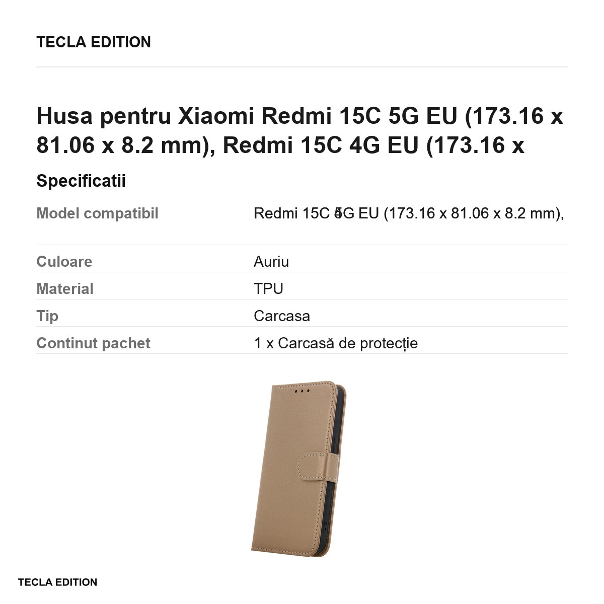 Husa Smart Classic pentru Xiaomi Redmi 15C 5G EU, Redmi 15C 4G EU, tip carte cu inchidere magnetica, Auriu [2]