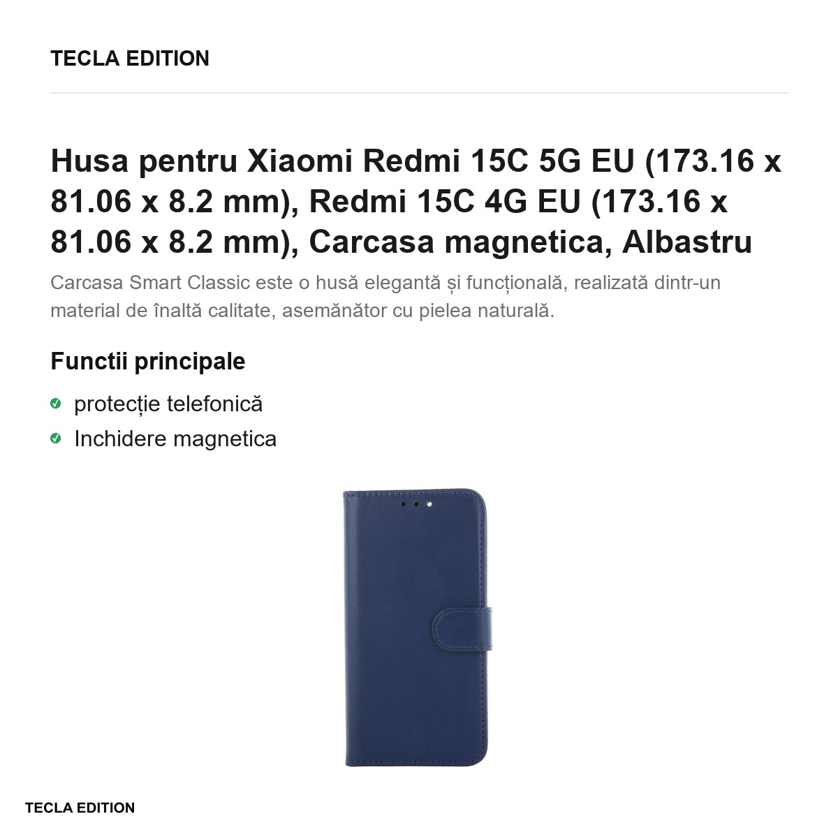 Husa Smart Classic pentru Xiaomi Redmi 15C 5G EU, Redmi 15C 4G EU, tip carte cu inchidere magnetica, Albastru [1]