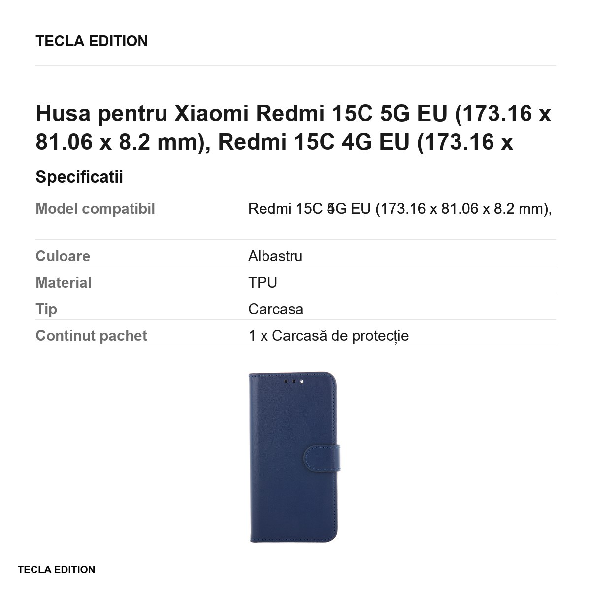 Husa Smart Classic pentru Xiaomi Redmi 15C 5G EU, Redmi 15C 4G EU, tip carte cu inchidere magnetica, Albastru [2]