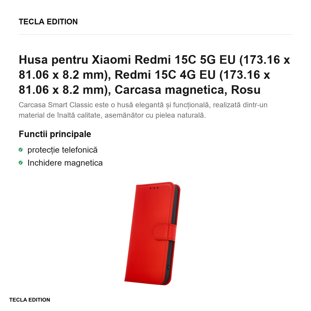 Husa Smart Classic pentru Xiaomi Redmi 15C 5G EU, Redmi 15C 4G EU, tip carte cu inchidere magnetica, Rosu [1]