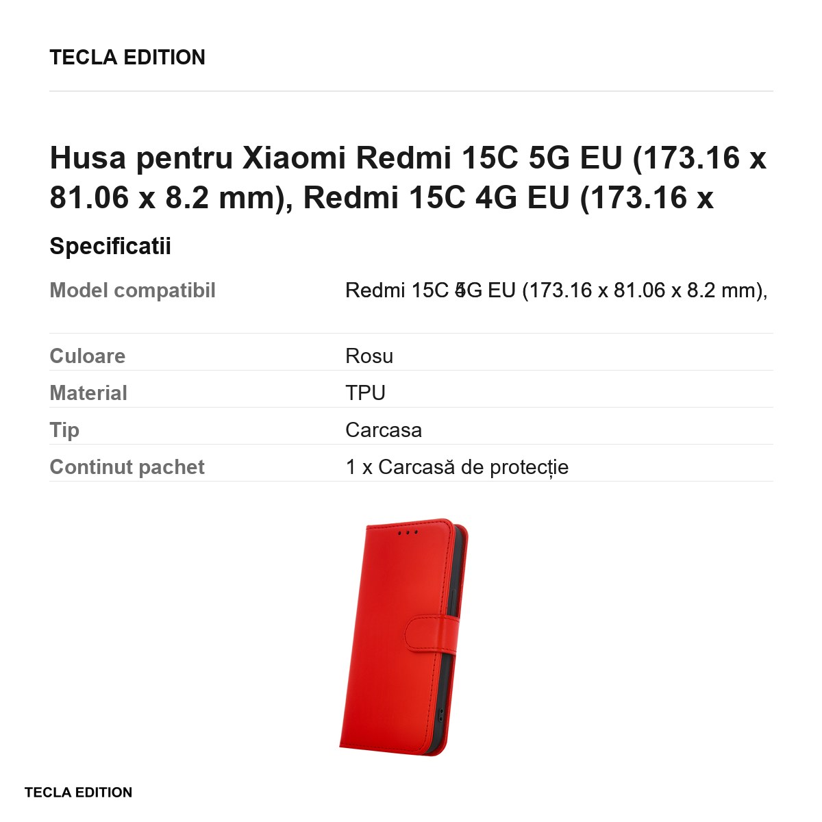 Husa Smart Classic pentru Xiaomi Redmi 15C 5G EU, Redmi 15C 4G EU, tip carte cu inchidere magnetica, Rosu [2]