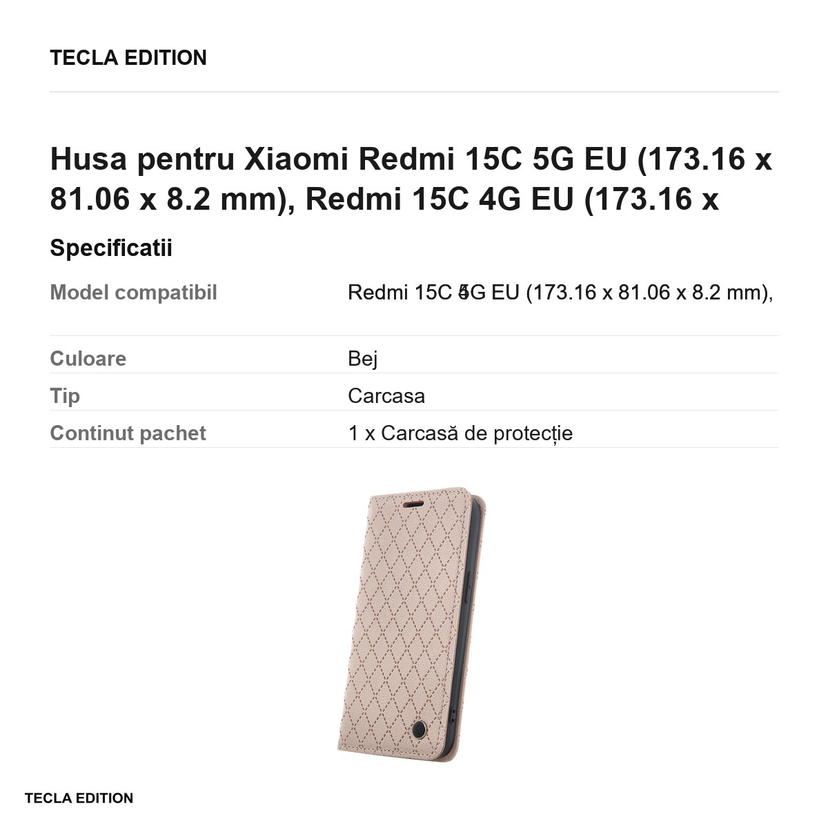 Husa Smart Caro pentru Xiaomi Redmi 15C 5G EU, Redmi 15C 4G EU, tip carte cu inchidere magnetica, Bej [2]