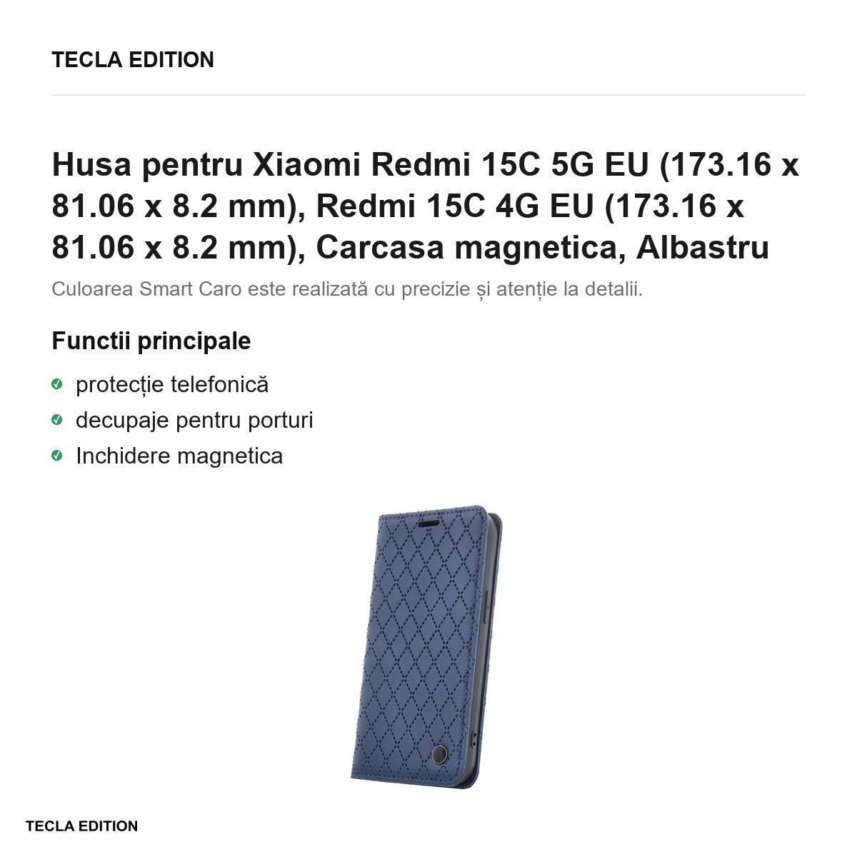 Husa Smart Caro pentru Xiaomi Redmi 15C 5G EU, Redmi 15C 4G EU, tip carte cu inchidere magnetica, Albastru [1]
