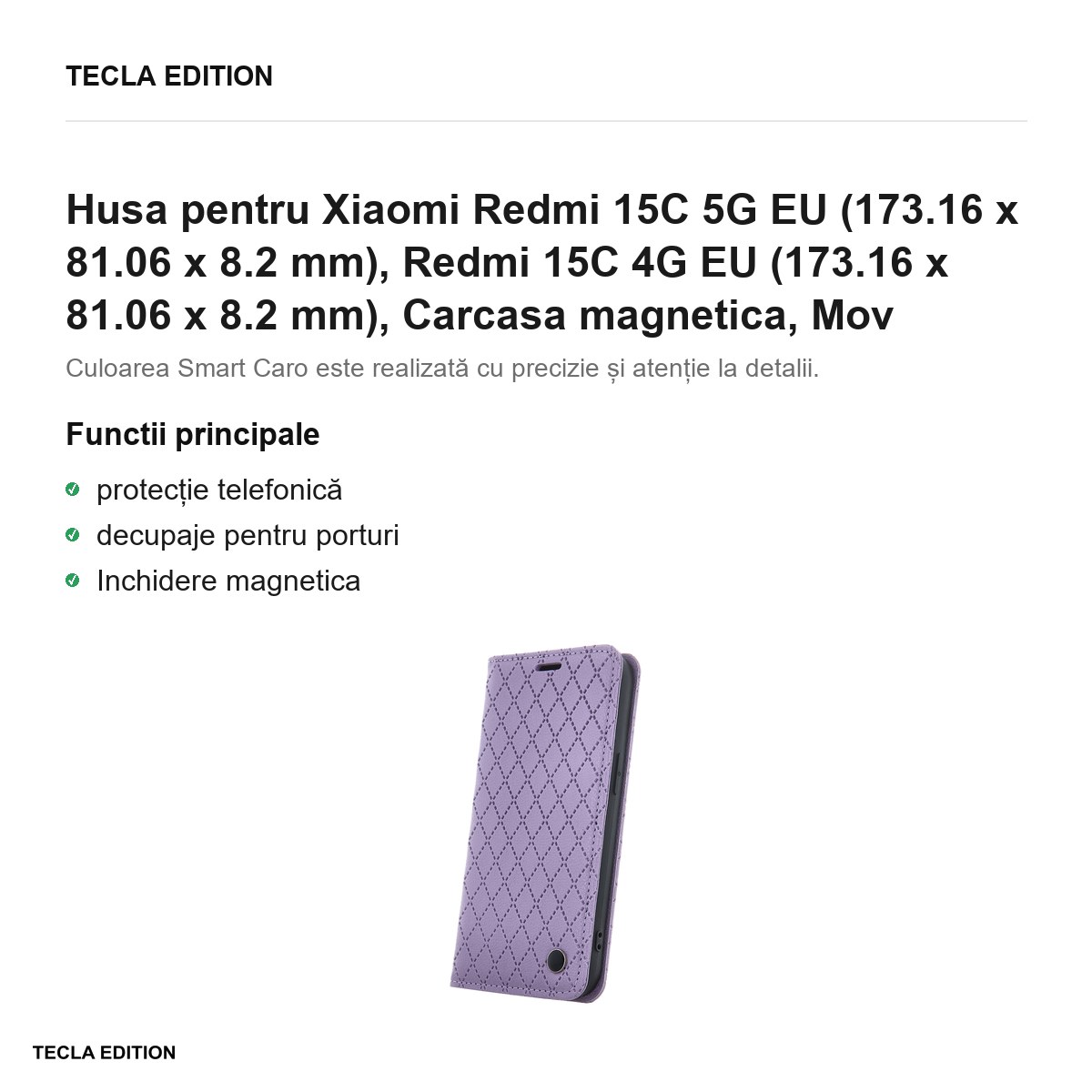 Husa Smart Caro pentru Xiaomi Redmi 15C 5G EU, Redmi 15C 4G EU, tip carte cu inchidere magnetica, Mov [1]