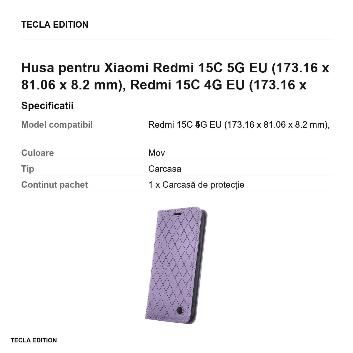 Husa Smart Caro pentru Xiaomi Redmi 15C 5G EU, Redmi 15C 4G EU, tip carte cu inchidere magnetica, Mov [2]