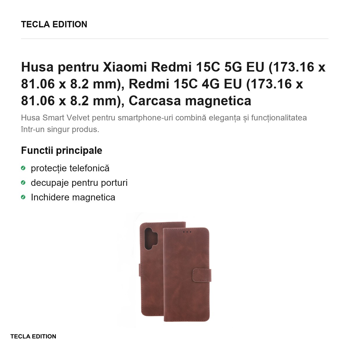 Husa Smart Velvet pentru Xiaomi Redmi 15C 5G EU, Redmi 15C 4G EU, tip carte cu inchidere magnetica, Maro [1]