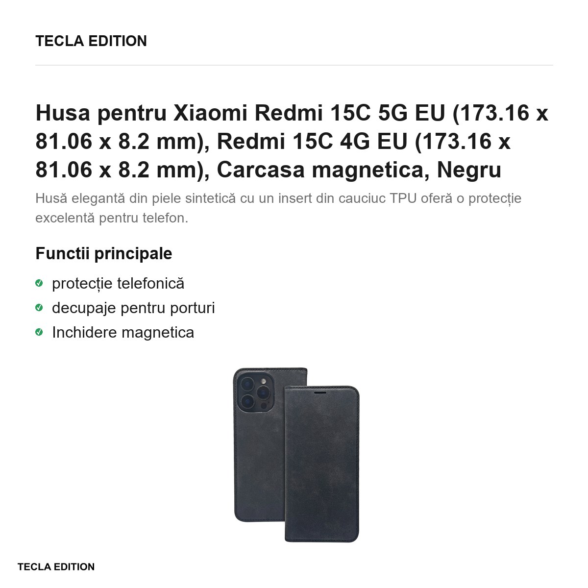 Husa Smart Suede pentru Xiaomi Redmi 15C 5G EU, Redmi 15C 4G EU, tip carte cu inchidere magnetica, Negru [1]