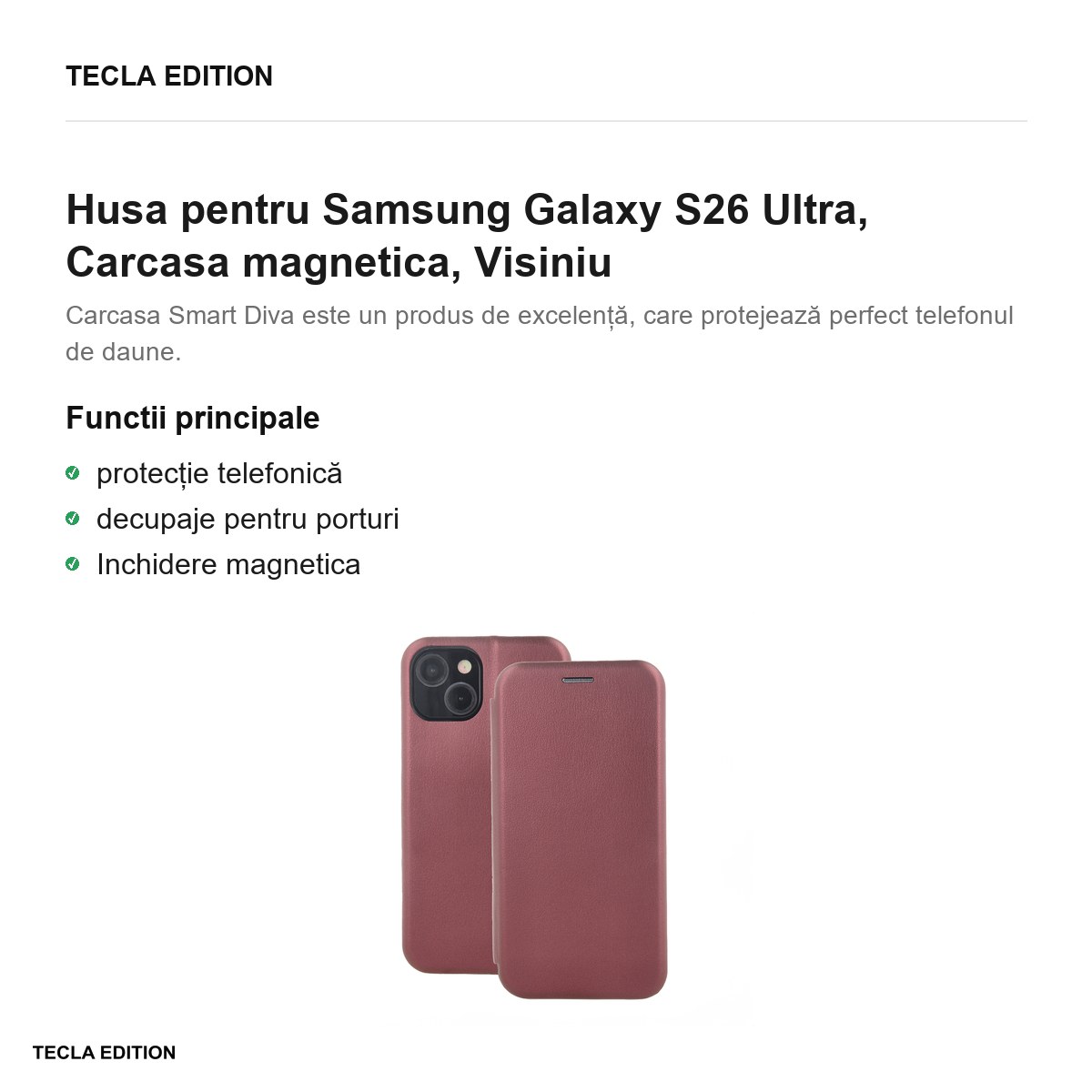 Husa Smart Diva pentru Samsung Galaxy S26 Ultra, tip carte cu inchidere magnetica, Visiniu [1]