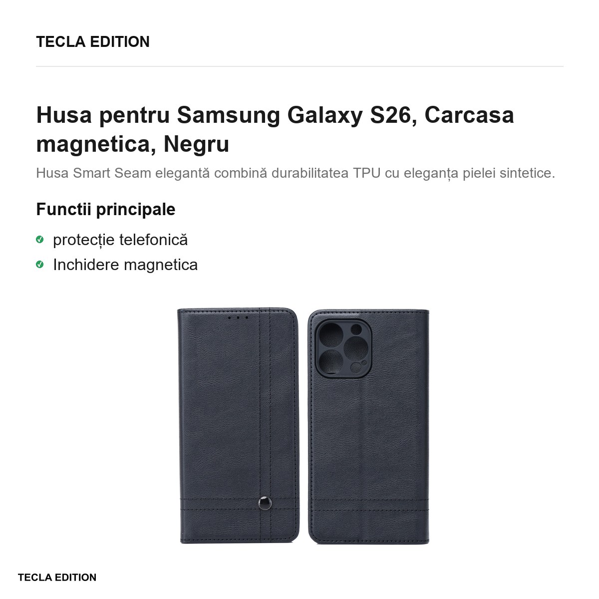 Husa Smart Seam pentru Samsung Galaxy S26, tip carte cu inchidere magnetica, Negru [1]