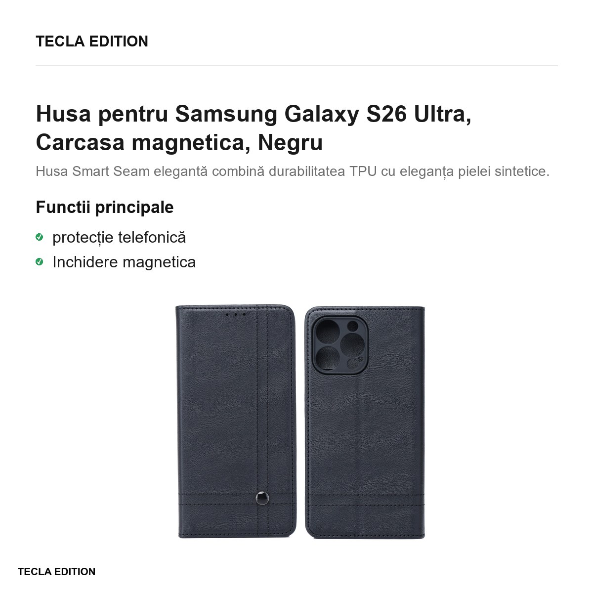 Husa Smart Seam pentru Samsung Galaxy S26 Ultra, tip carte cu inchidere magnetica, Negru [1]