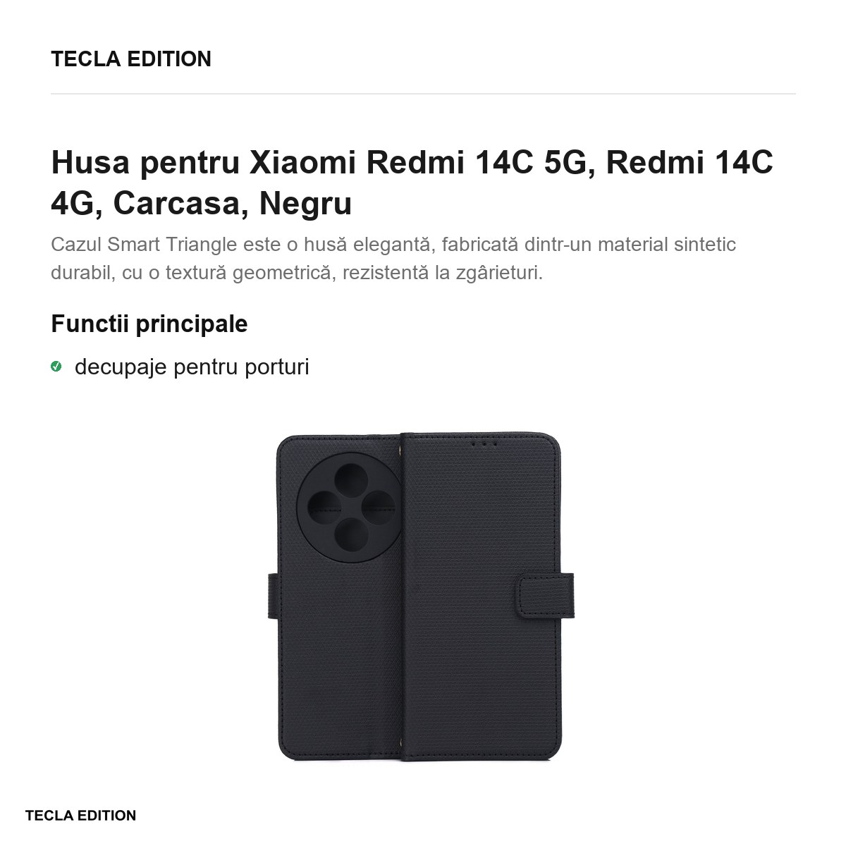 Husa Smart Triangle pentru Xiaomi Redmi 14C 5G, Redmi 14C 4G, tip carte, Negru [1]