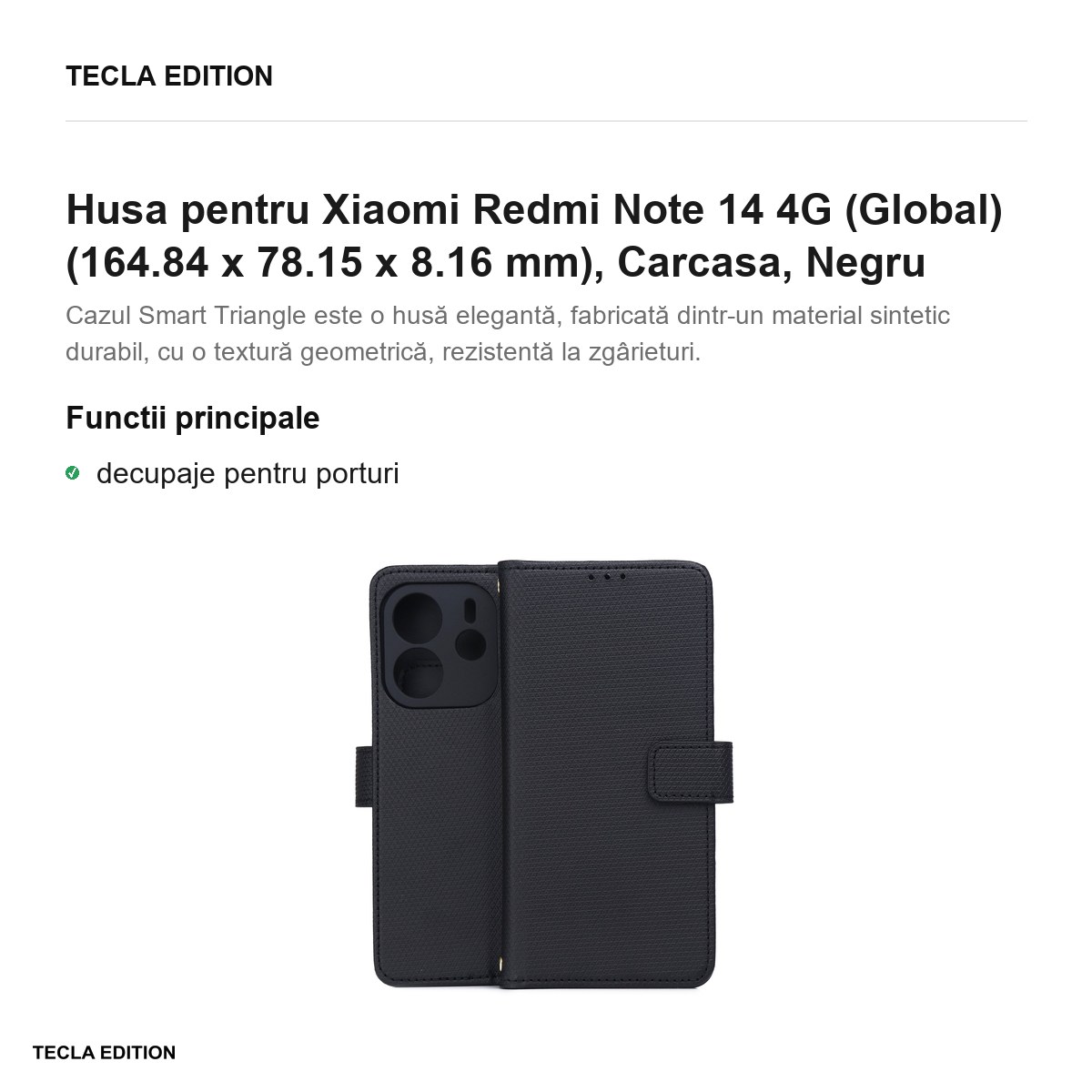 Husa Smart Triangle pentru Xiaomi Redmi Note 14 4G (Global), tip carte, Negru [1]