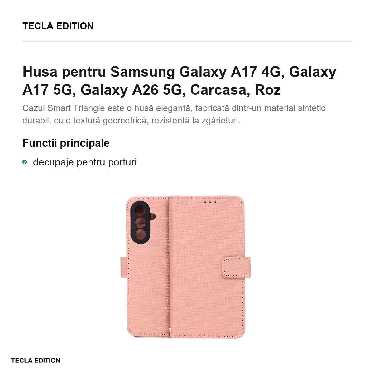 Husa Smart Triangle pentru Samsung Galaxy A17 4G, Galaxy A17 5G, Galaxy A26 5G, tip carte, Roz [1]