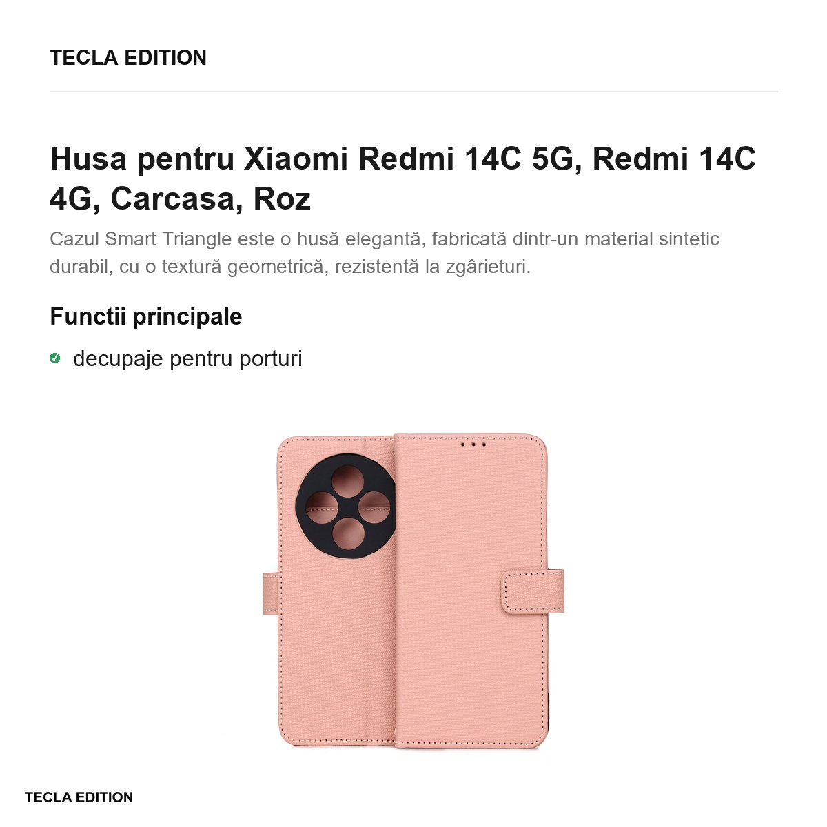 Husa Smart Triangle pentru Xiaomi Redmi 14C 5G, Redmi 14C 4G, tip carte, Roz [1]