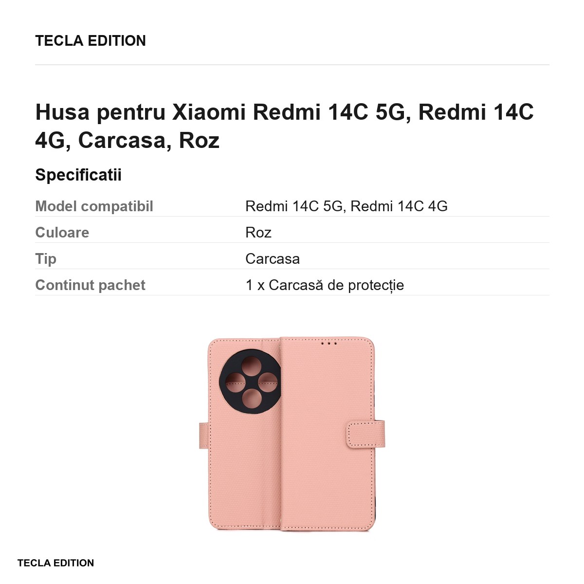 Husa Smart Triangle pentru Xiaomi Redmi 14C 5G, Redmi 14C 4G, tip carte, Roz [2]