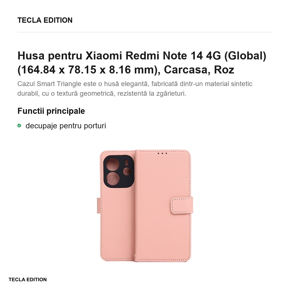 Husa Smart Triangle pentru Xiaomi Redmi Note 14 4G (Global), tip carte, Roz [1]
