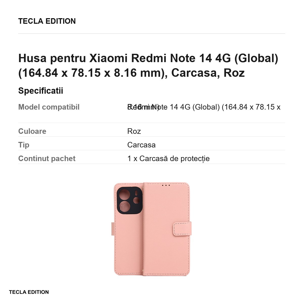 Husa Smart Triangle pentru Xiaomi Redmi Note 14 4G (Global), tip carte, Roz [2]