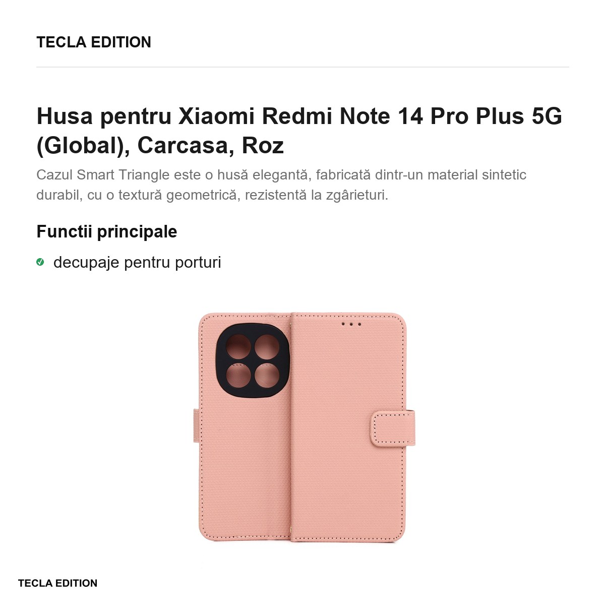 Husa Smart Triangle pentru Xiaomi Redmi Note 14 Pro Plus 5G (Global), tip carte, Roz [1]