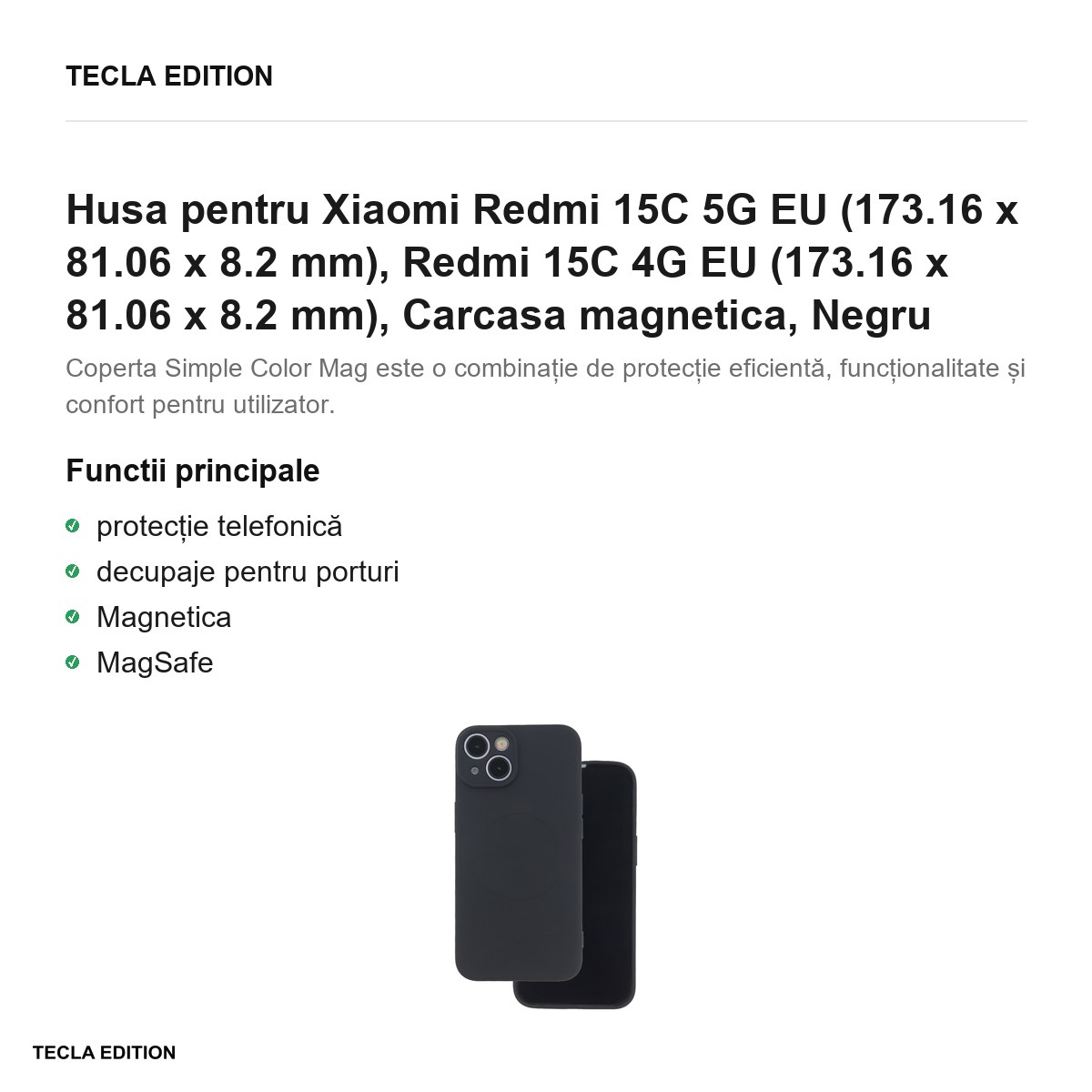 Husa Simple Color Mag pentru Xiaomi Redmi 15C 5G EU, Redmi 15C 4G EU, Carcasa magnetica, Negru [1]