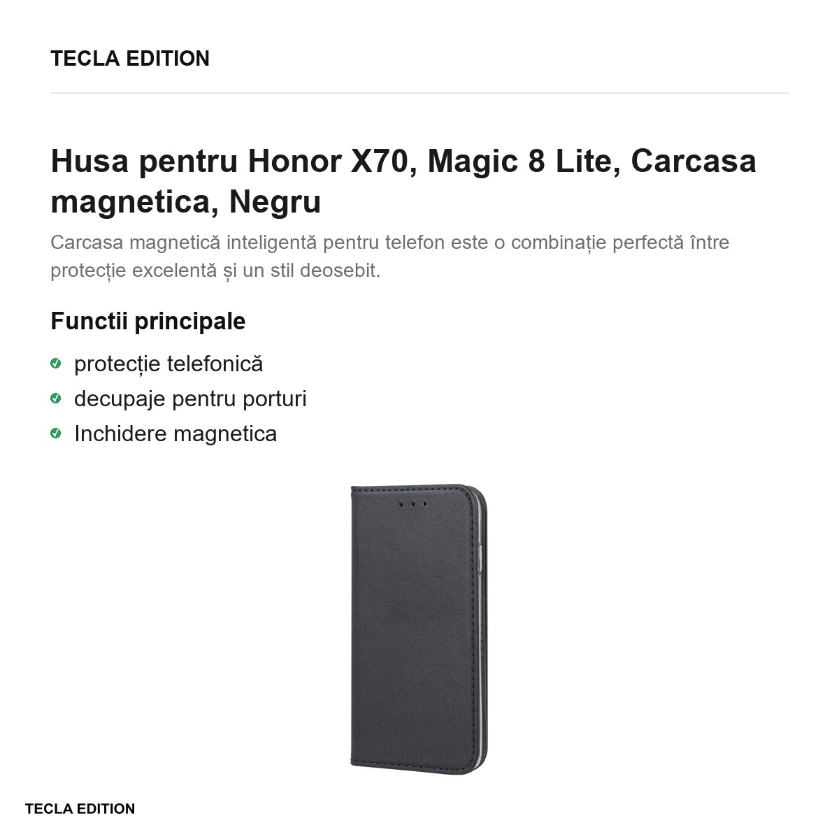 Husa Smart Magnetic pentru Honor X70, Magic 8 Lite, tip carte cu inchidere magnetica, Negru [1]