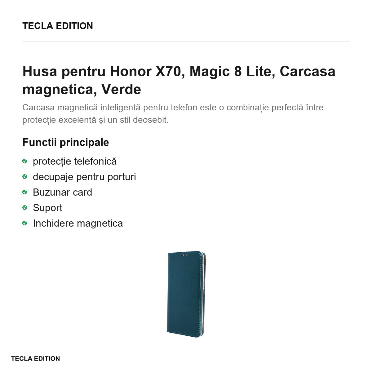Husa Smart Magnetic pentru Honor X70, Magic 8 Lite, tip carte cu inchidere magnetica, Verde [1]
